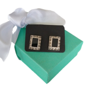 Sterling Silver, Onyx + Marcasite Rectangular Post Earrings